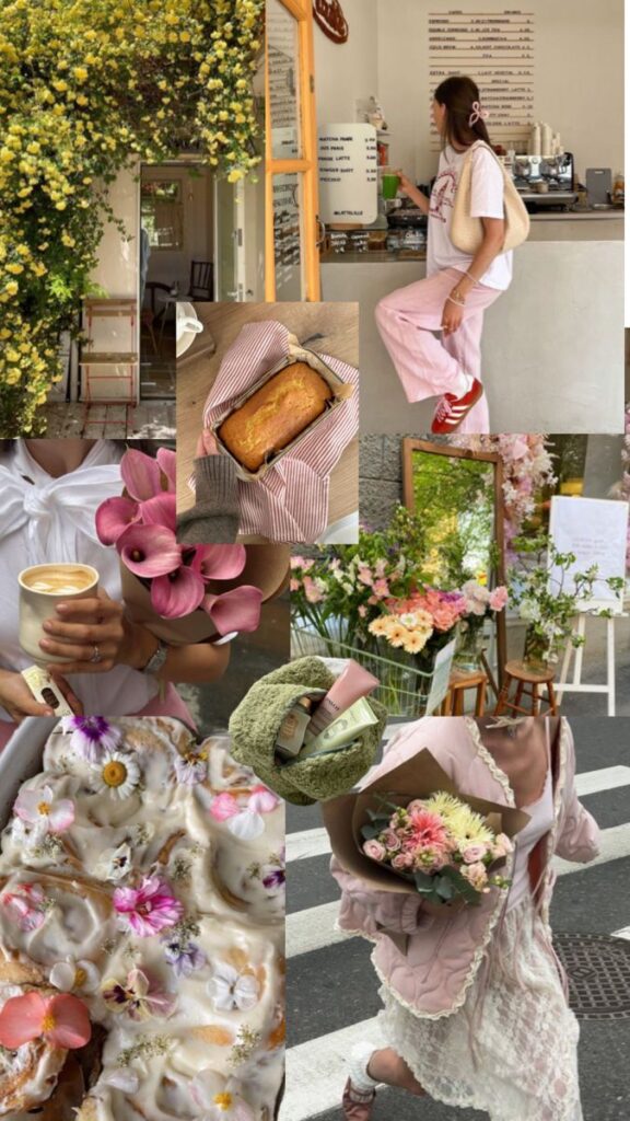 Collage of pastel vibes: flowers, baked treats, cozy cafe, and style. Aesthetic inspirations for a delightful lifestyle.