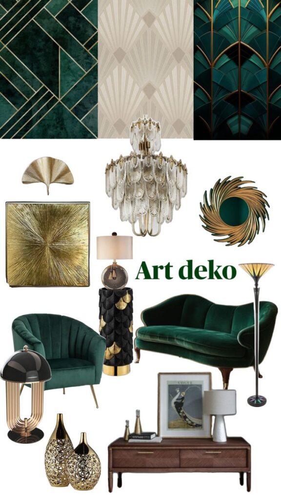 Art Deco interior design collage with elegant furniture, lamps, and wall art in green and gold tones for a stylish home decor.