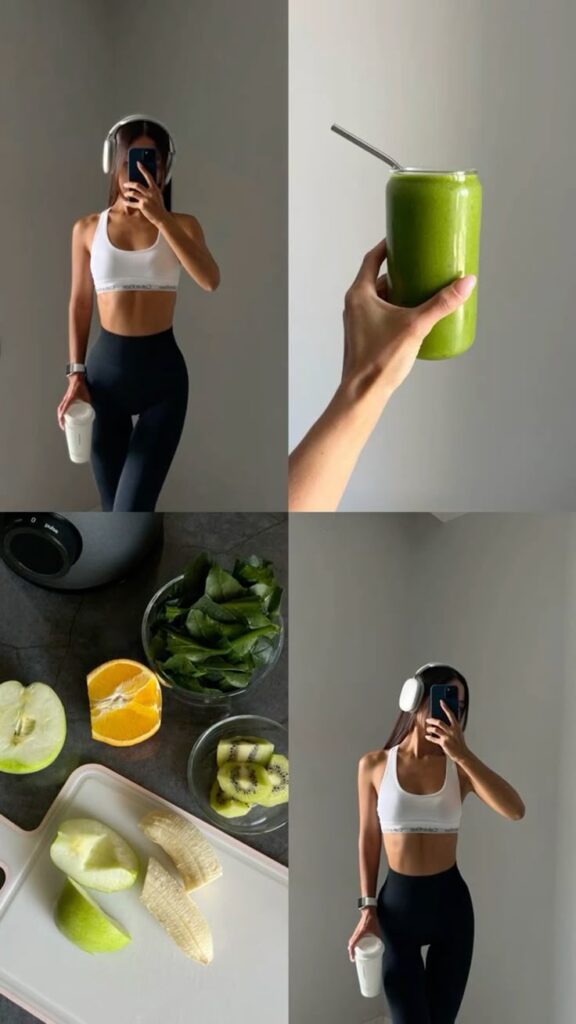 Fitness and wellness inspiration: Woman in activewear with headphones, green smoothie, and fresh fruits and vegetables for a healthy lifestyle.