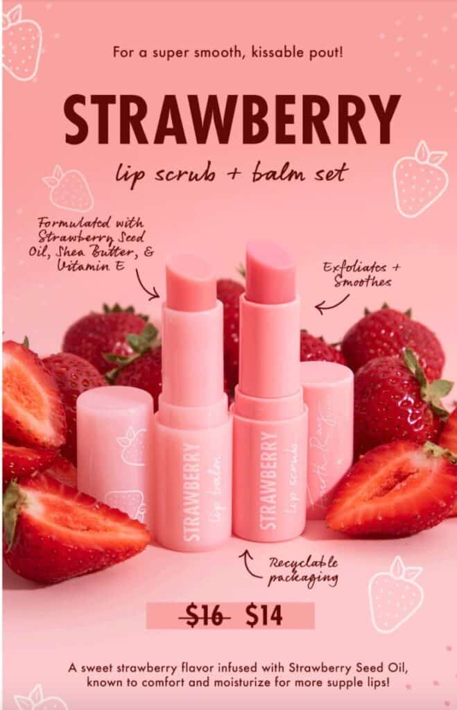 Strawberry lip scrub and balm set with natural ingredients, exfoliates and smooths, recyclable packaging, discounted price.