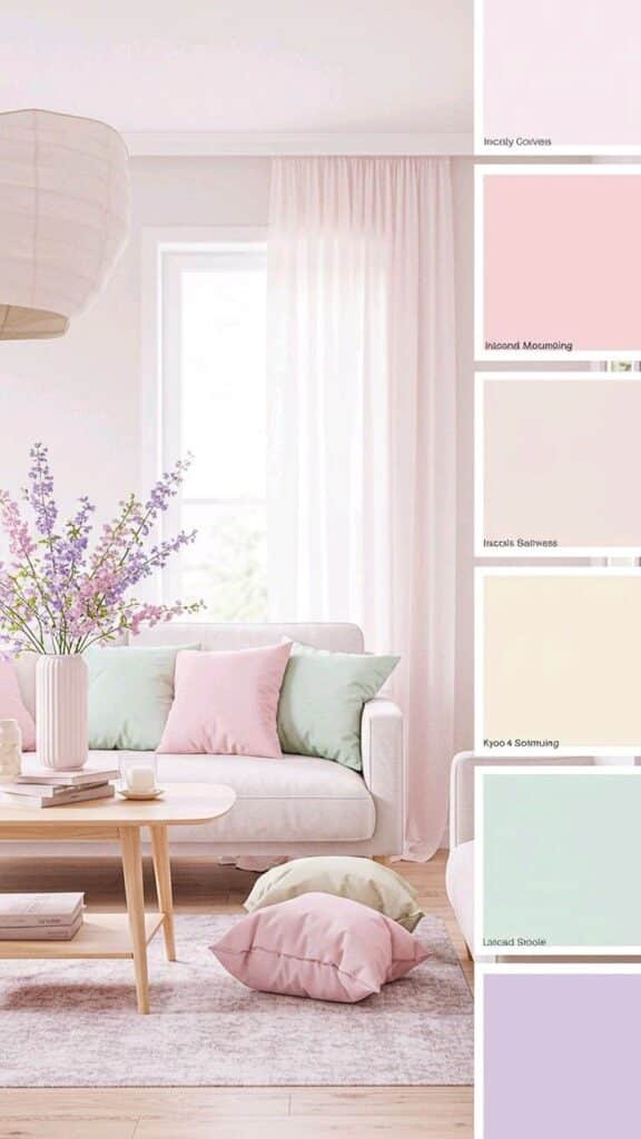 Bright living room with pastel decor and color palette samples. Cozy sofa, floral accents, and soft pillows for a serene ambiance.
