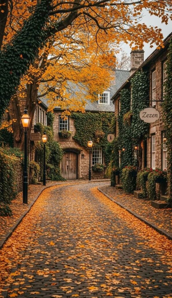 Charming cobblestone street in autumn, lined with ivy-covered houses and bright orange leaves scattered on the ground.