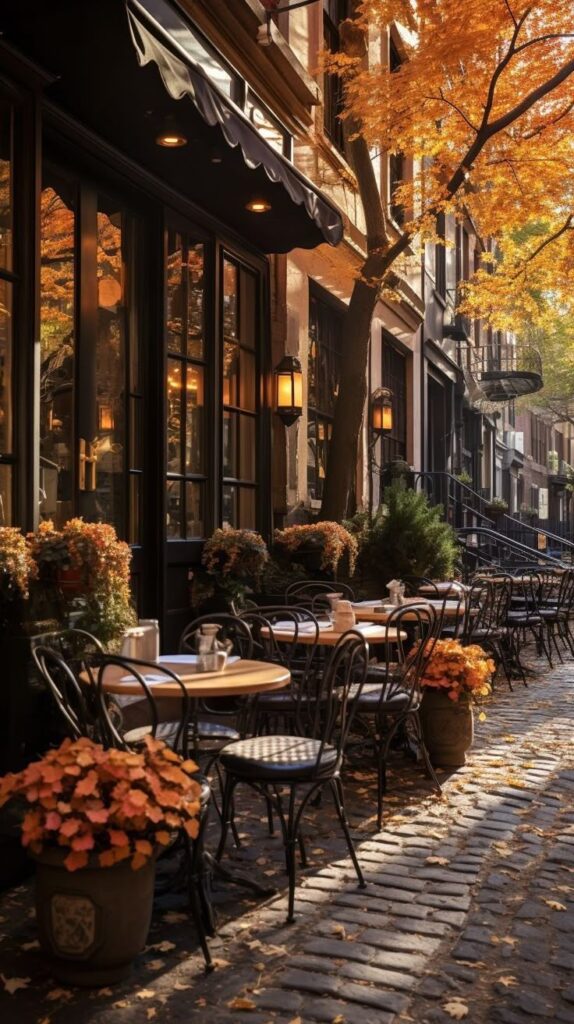 Cozy outdoor cafe with autumn foliage and cobblestone path, perfect setting for a relaxing meal surrounded by fall colors.