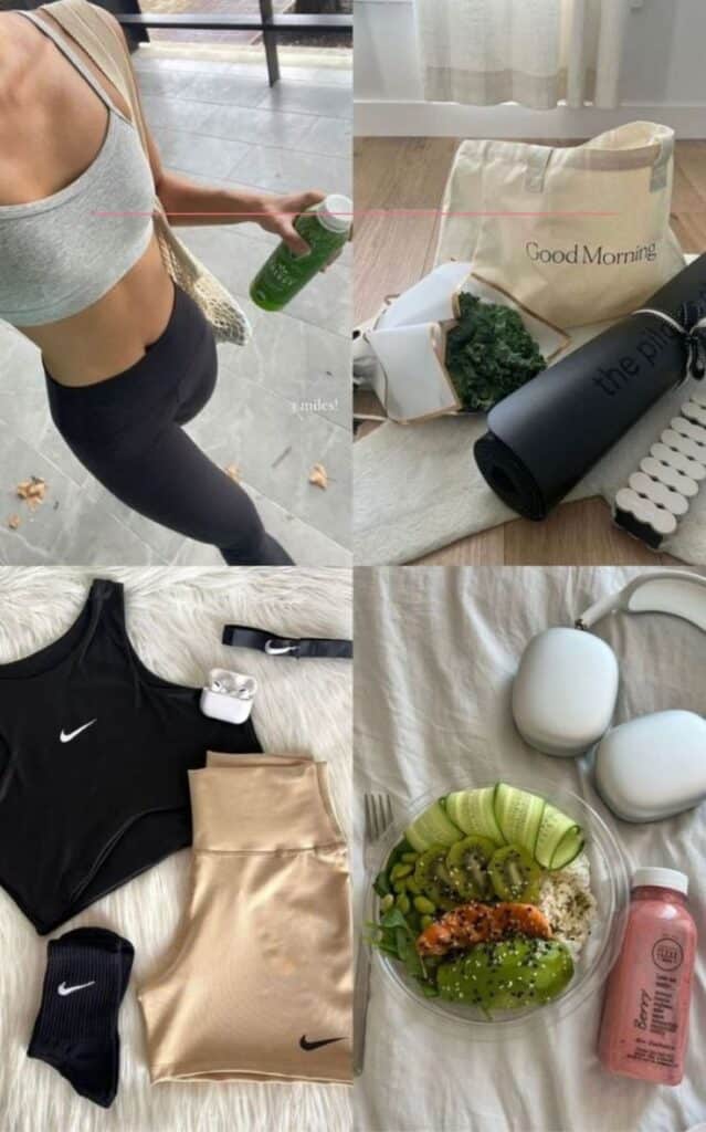 Fitness lifestyle essentials: workout gear, green juice, yoga mat, healthy meal prep with salmon and avocado, headphones.