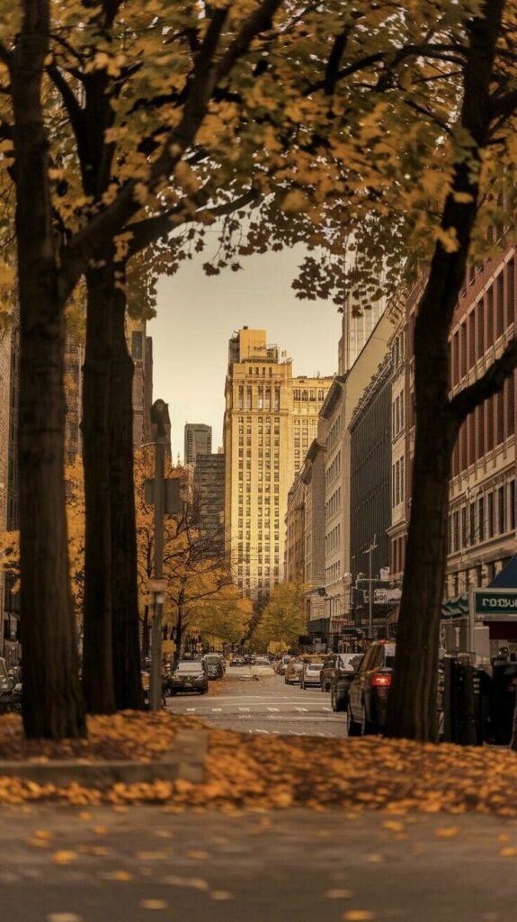 City street in autumn with yellow leaves and towering buildings, creating a picturesque urban scene.
