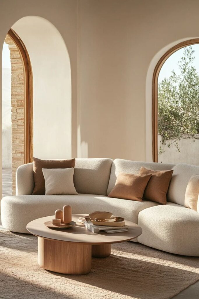 Modern living room with a plush beige sofa, wooden coffee table, and arched windows, bathed in natural light. Cozy and elegant.