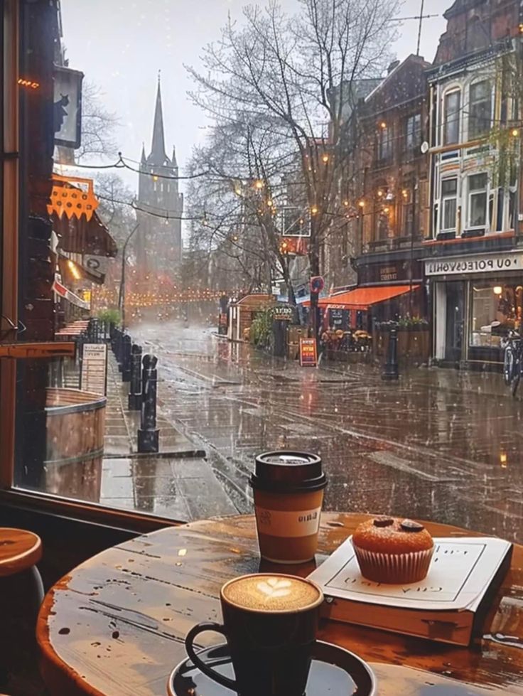 Cozy cafe scene with coffee and muffin on table, rainy street outside. Ideal for relaxing in a warm, inviting urban setting.