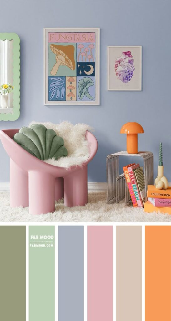 Modern room with mushroom-themed artwork, pink armchair, funky decor, and pastel color palette inspiration.