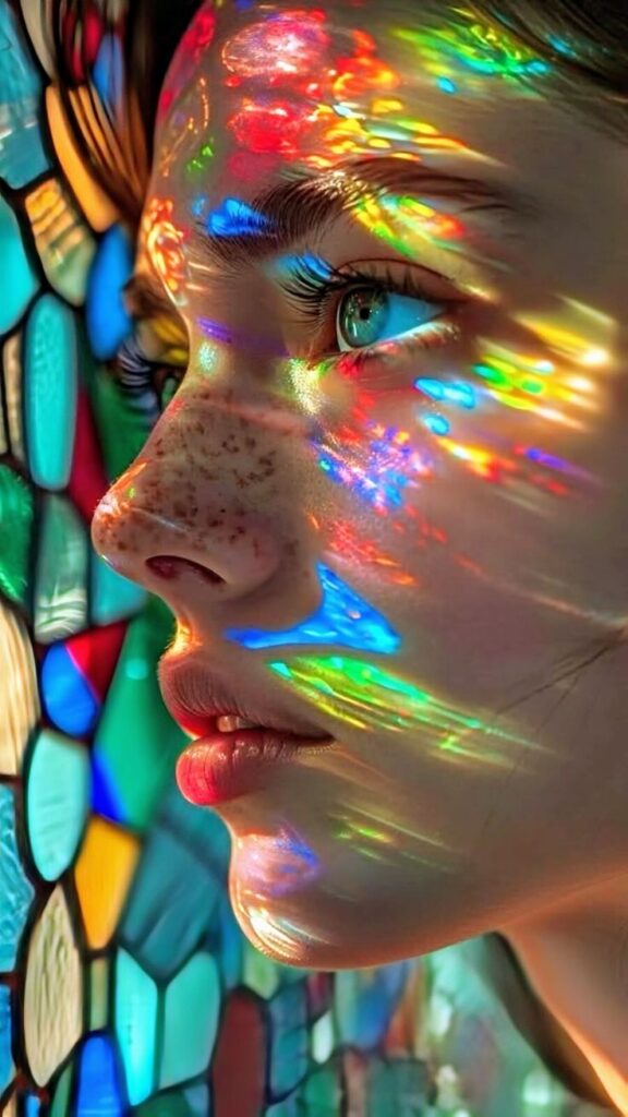 Face illuminated by colorful stained glass reflections, showcasing vibrant light and shadow interplay.
