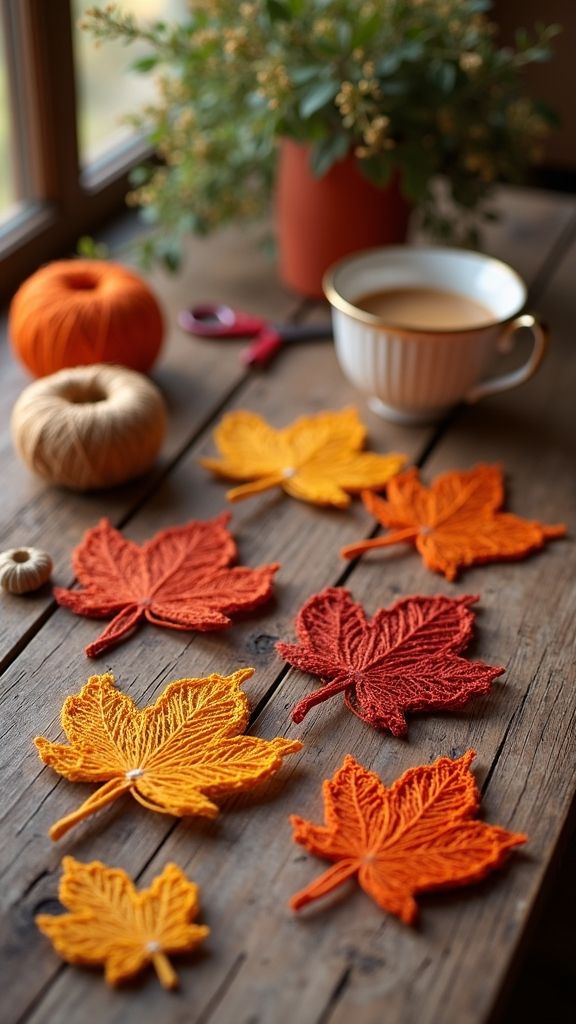 Autumn crochet leaves on wooden table with yarn, scissors, coffee, and plant. Cozy fall craft scene by window.