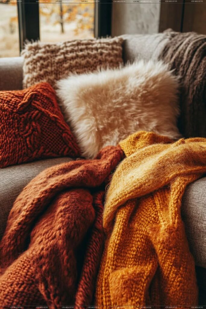 Cozy autumn-themed couch with textured pillows and warm knitted blankets in rust and mustard hues, perfect for a relaxing day.