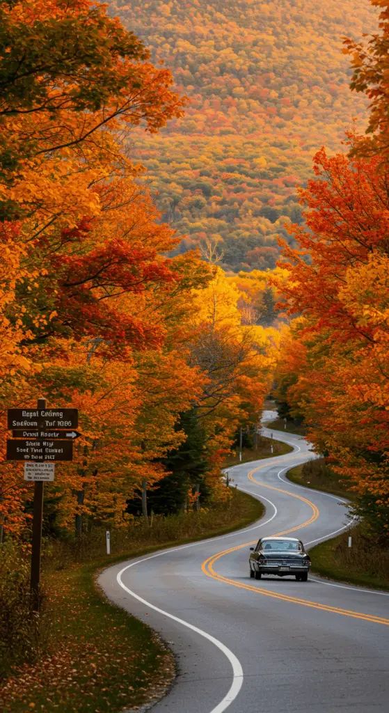 Winding road through vibrant autumn foliage, leading to a distant mountain, with a vintage car driving under colorful trees.