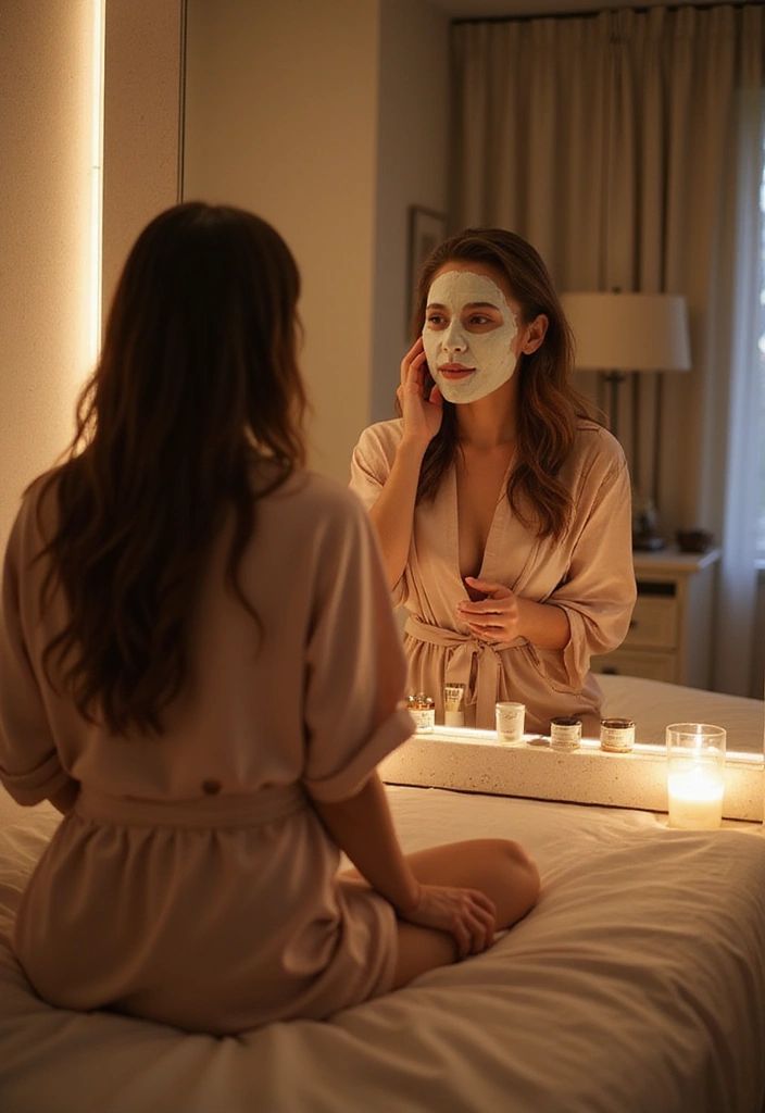 Woman applying face mask in front of mirror, wearing a robe, in a cozy bedroom setting with candles. Relaxing skincare routine.