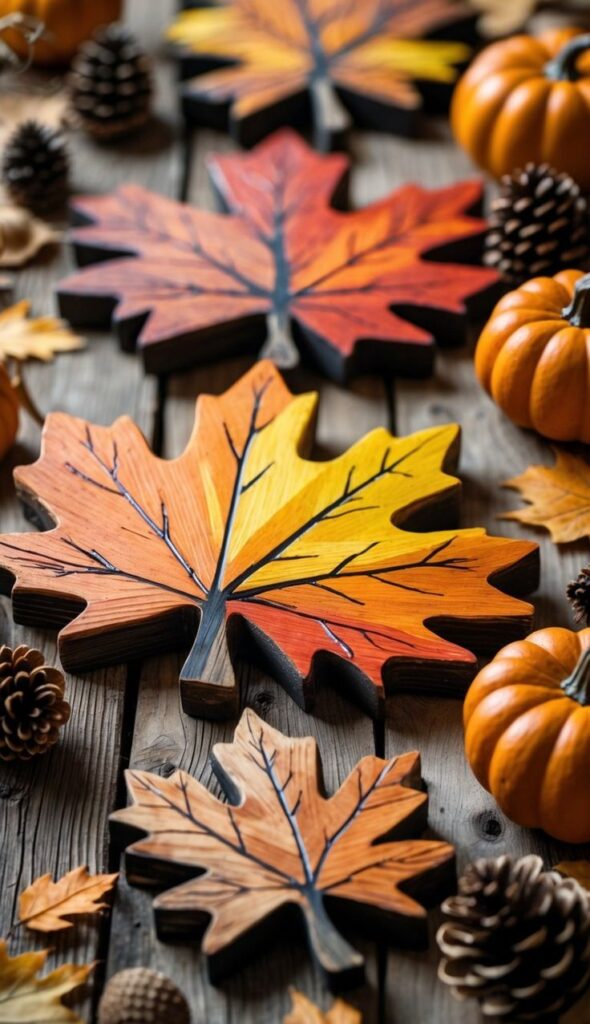 Colorful wooden autumn leaves with pumpkins and pinecones on a rustic wooden table, creating a cozy fall atmosphere.
