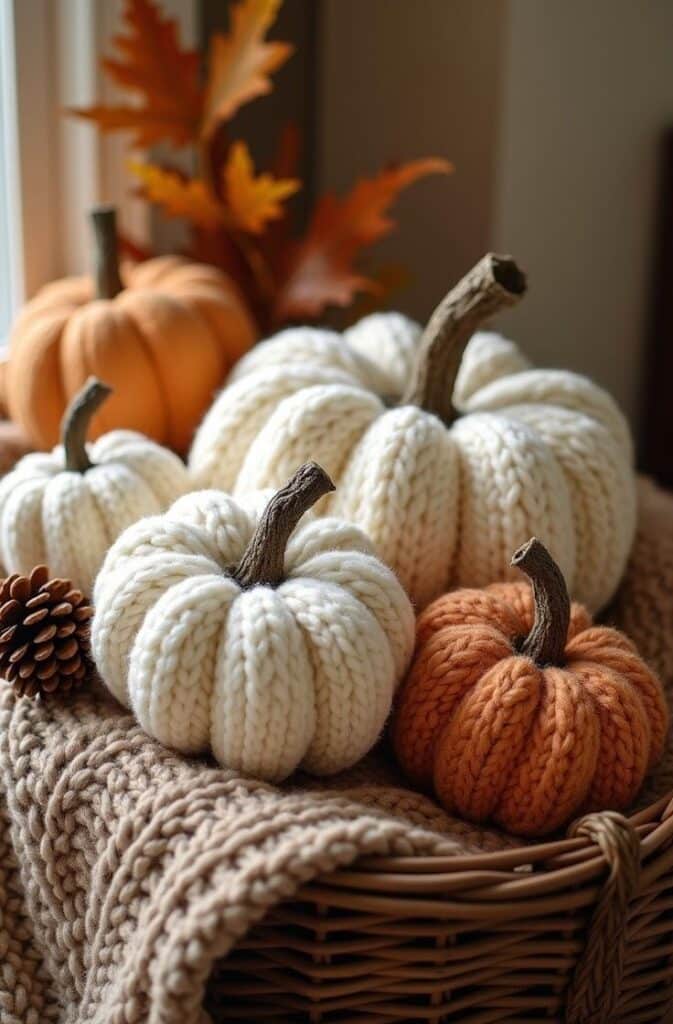 15 Fall Crafts for Adults_ Get Creative This Autumn - Handy Home Cozy autumn decor with knitted pumpkins and leaves on a woven basket, perfect for a warm, seasonal touch indoors.
