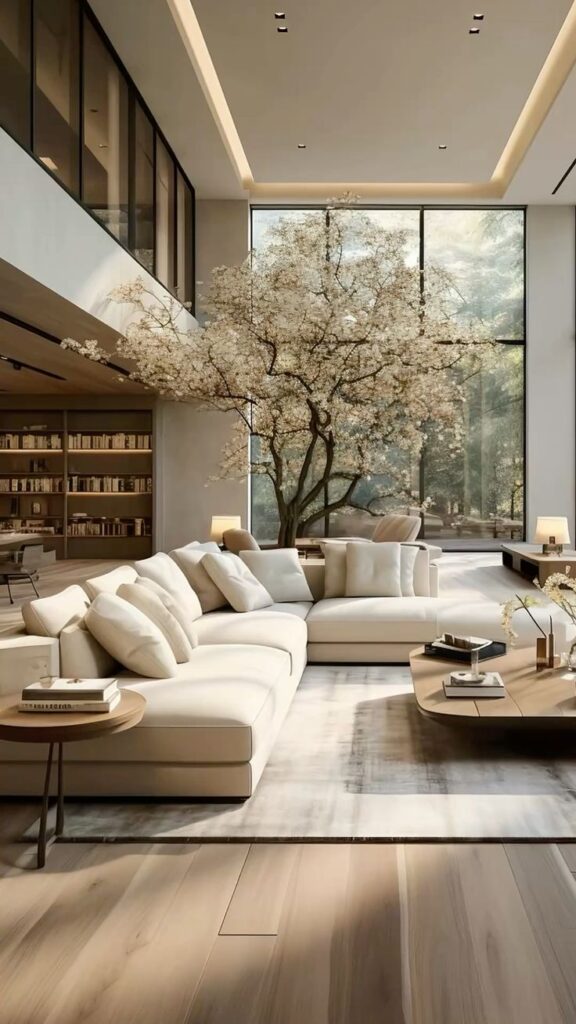 Luxurious living room with a plush white sofa, wooden floors, and a large window showcasing a blossoming tree. Modern and elegant interior.