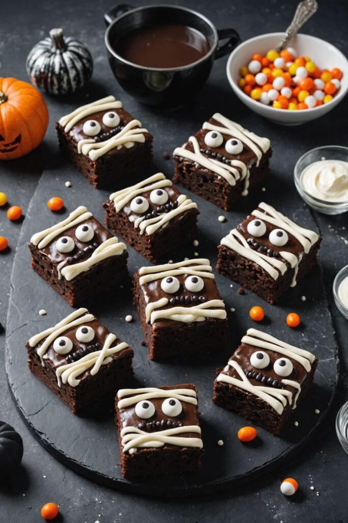 Halloween mummy brownies topped with candy eyes and white icing, arranged on a slate with pumpkins and candies. Festive treats!