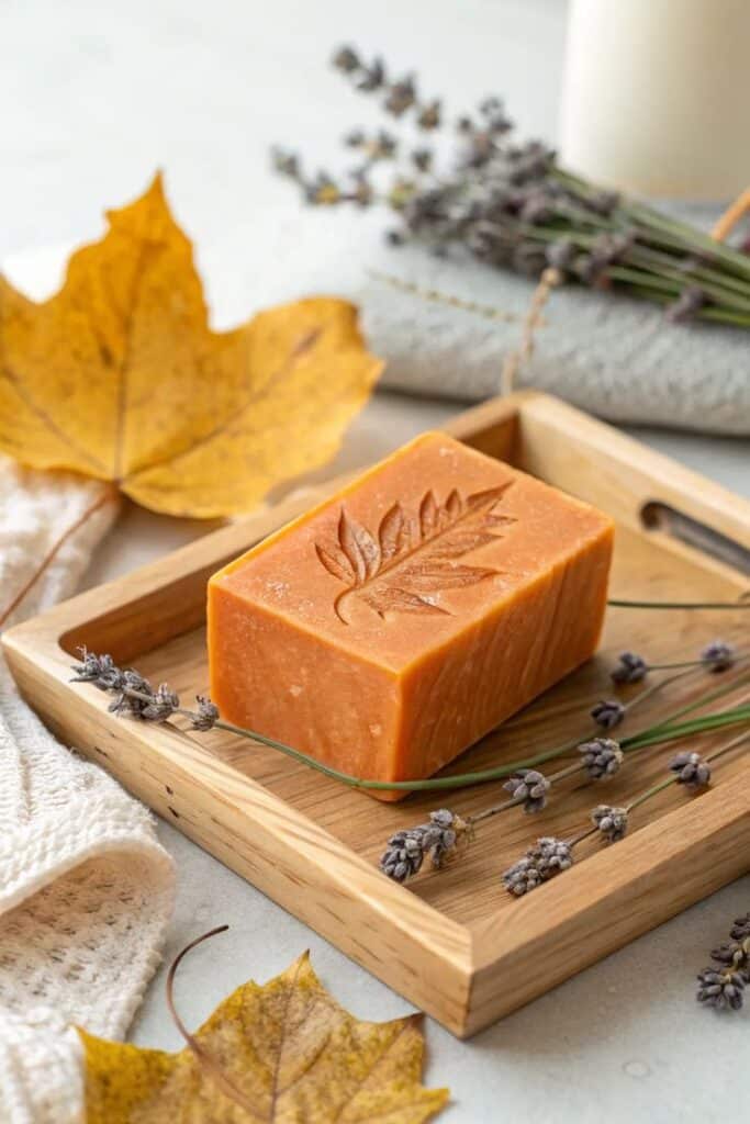 Handmade soap with leaf imprint on wooden tray, surrounded by lavender sprigs and autumn leaves, evoking a cozy fall atmosphere.