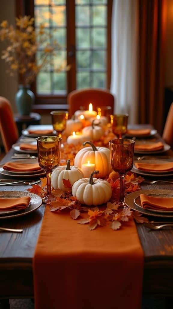 Elegant autumn table setting with pumpkins, candles, and orange decor for a cozy Thanksgiving dinner ambiance.