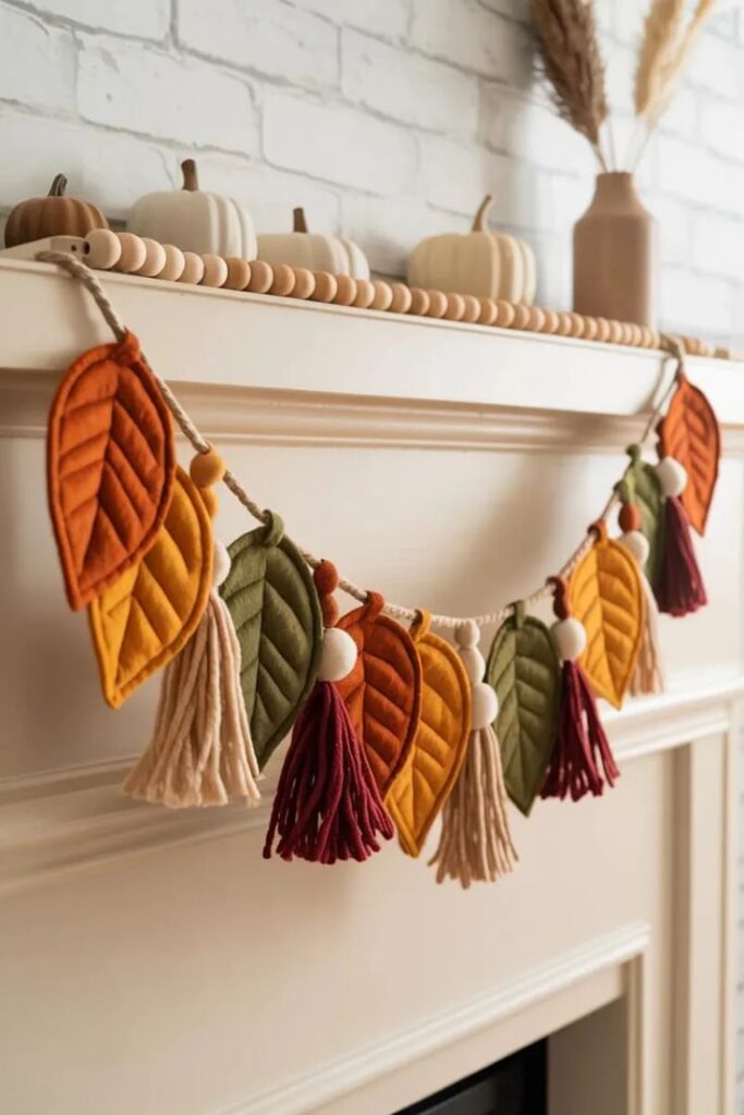 Autumn-themed garland with colorful felt leaves and tassels decorates a mantle, creating a cozy fall ambiance indoors.