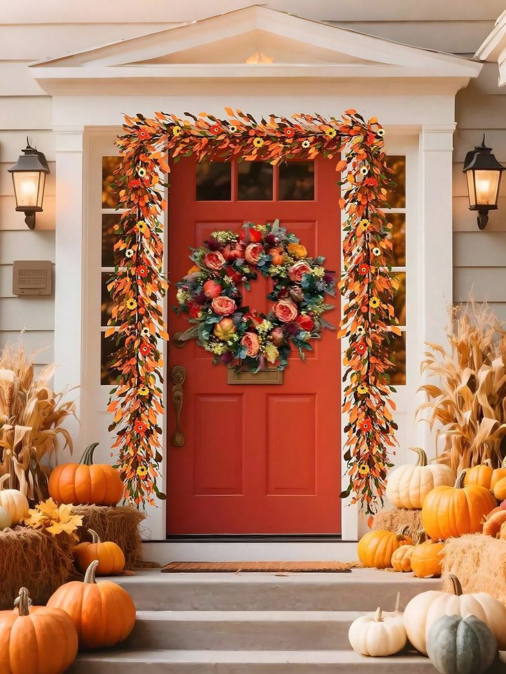 Festive autumn front porch with pumpkins, corn stalks, and red door adorned with a fall wreath and colorful leaf garland.