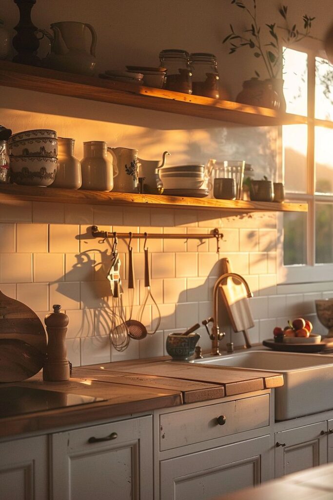 Sunlit rustic kitchen with wooden shelves, pottery, and utensils. Warm glow highlights a cozy, vintage atmosphere.