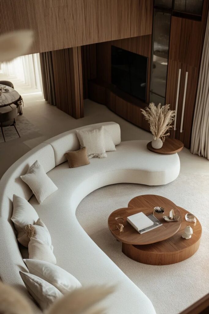 Modern living room with curved white sofa, wood accents, and stylish decor. Elegant interior design featuring a cozy, minimalist aesthetic.
