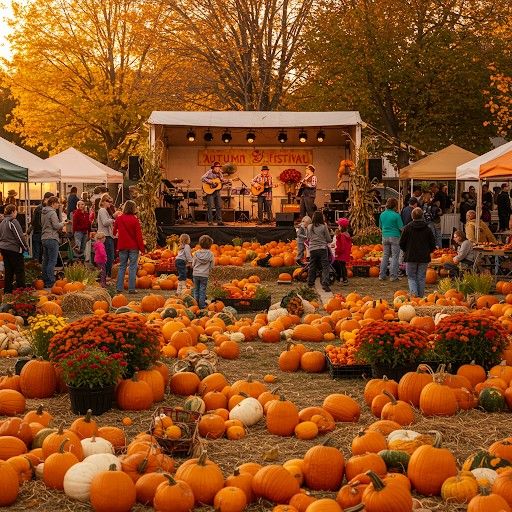 Autumn festival with pumpkins, live music, and vibrant fall colors. Families and visitors enjoy the festive outdoor market.