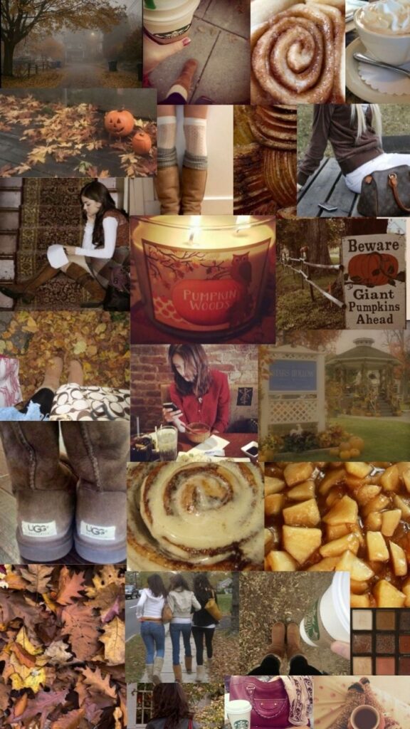 Autumn collage with cozy scenes: pumpkin decor, cinnamon rolls, fall leaves, candles, coffee, warm clothes, and seasonal treats.