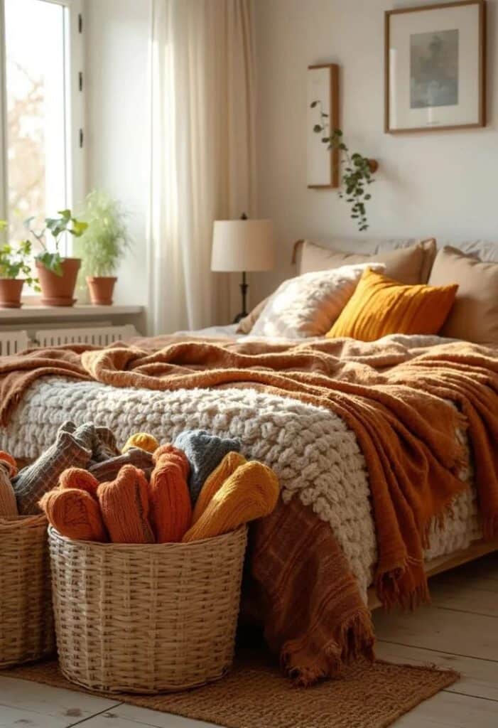 21 Cozy Fall Bedroom Decor Ideas To Try This Autumn - Lovely Harbor - Handy Home Cozy bedroom with warm-toned blankets, pillows, and plants by the window. Inviting autumn decor with natural light.