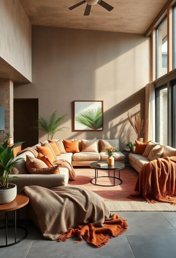 Modern living room with large windows, beige sofas, orange accents, and indoor plants creating a cozy, sunlit atmosphere.