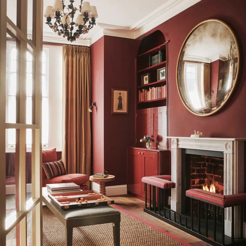 Cozy living room with a warm red palette, elegant chandelier, oval mirror, and fireplace, exuding classic sophistication.