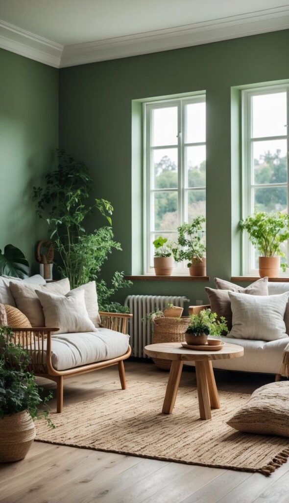 Cozy living room with plants, wooden furniture, and natural lighting. Green walls add a soothing touch. Ideal for relaxing moments.