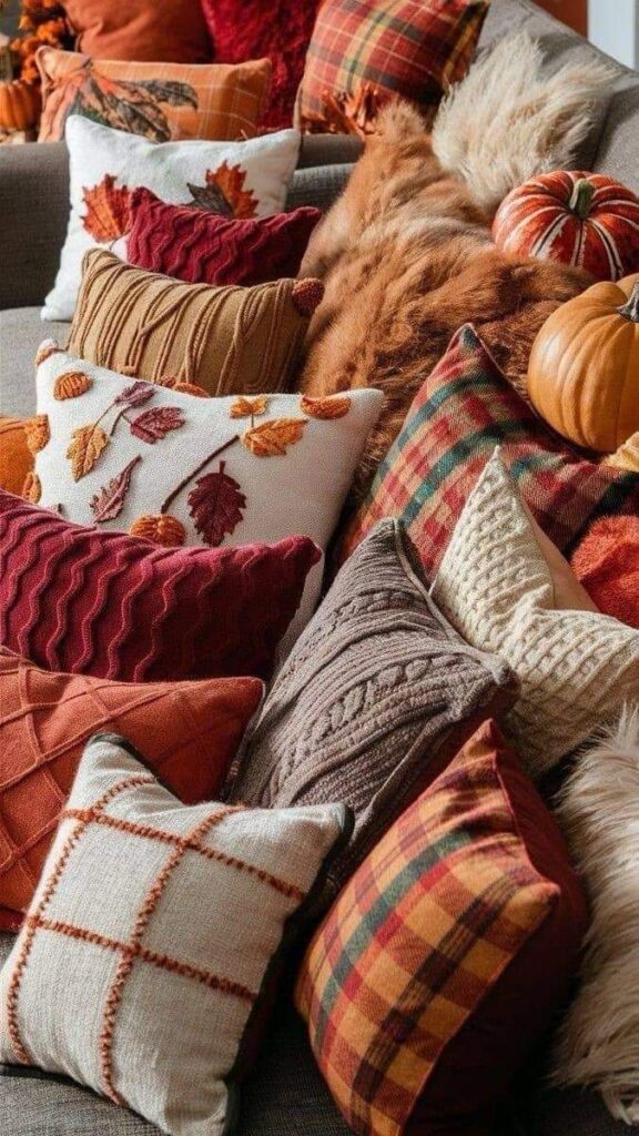 Cozy autumn pillows on a sofa with pumpkins, featuring plaid, leaves, and warm textures for a festive fall decor vibe.