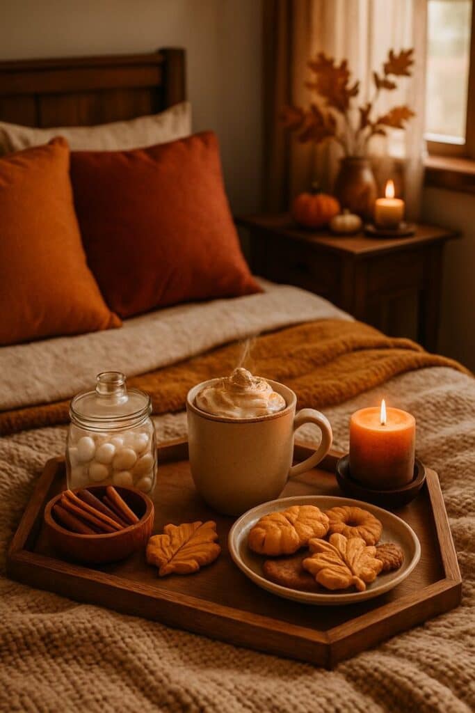24 Fall Bedroom Decor Ideas That Look Luxe On a Budget - Handy Home Cozy autumn bedroom scene with a warm drink, cookies, and candle on a tray. Perfect fall vibes with cinnamon and seasonal decor.