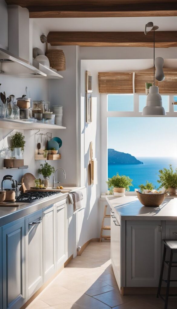 Bright Mediterranean kitchen with ocean view, featuring wooden shelves, potted herbs, and rustic decor elements. Ideal for coastal living.