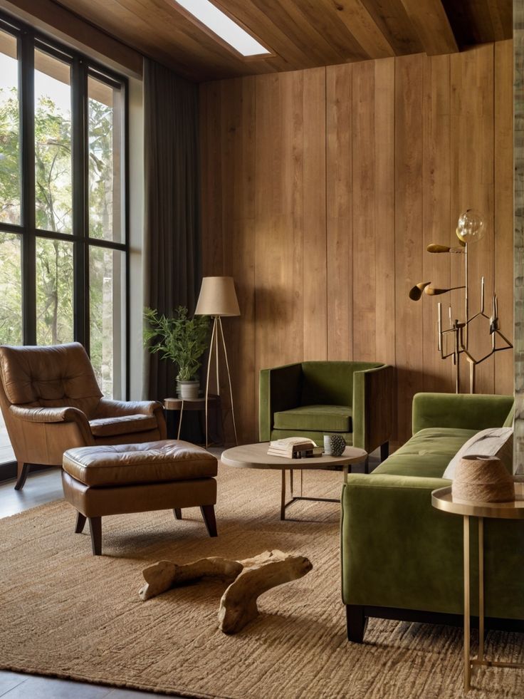 Modern living room with wood paneling, green sofa, leather chair, large windows, and neutral decor for a cozy, natural vibe.
