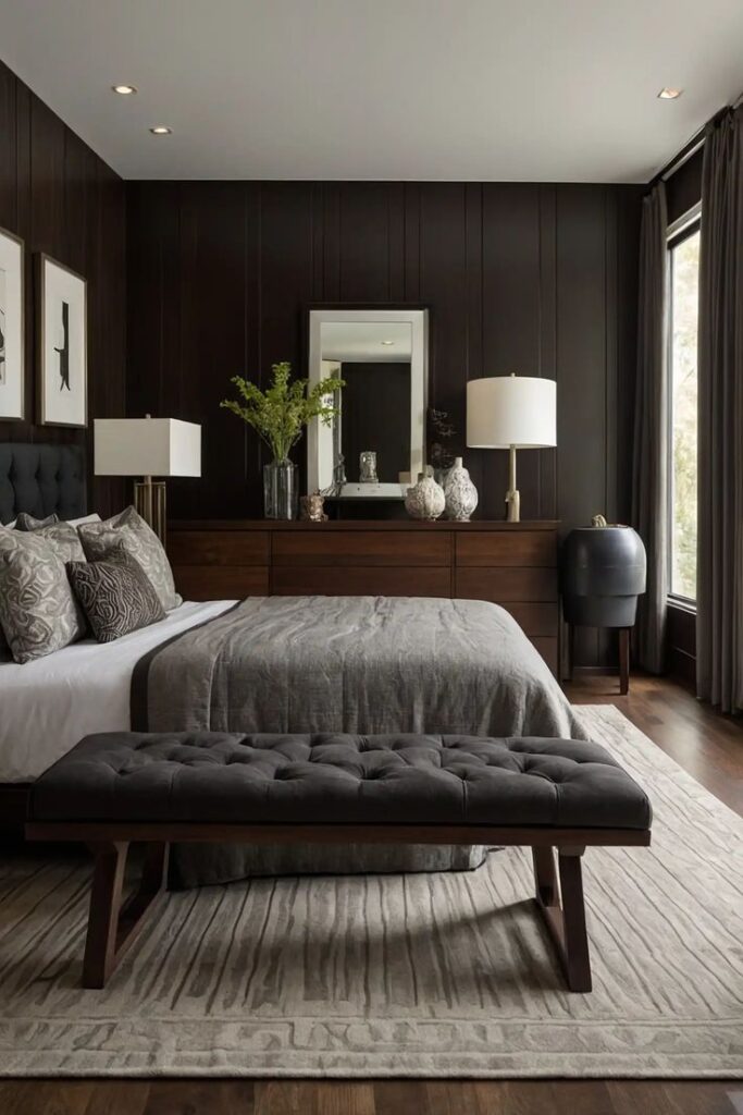 Luxurious modern bedroom with dark wood accents, plush bedding, and stylish decor. Elegant design for a cozy and sophisticated ambiance.