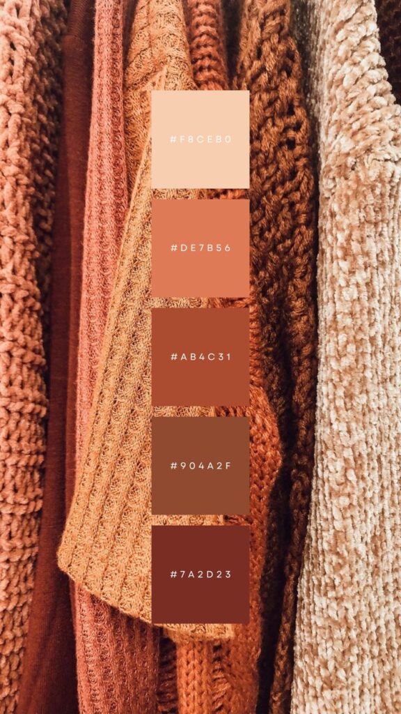 Color palette of cozy knitted fabrics in warm earth tones, featuring shades: #F8CEB0, #DE7B56, #AB4C31, #904A2F, #7A2D23.