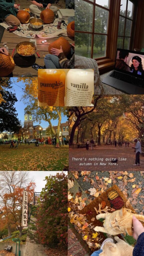 Autumn collage: pumpkin carving, fall foliage, candles, cozy scenes, library visit, watching TV by the window, and a cat on a doormat.