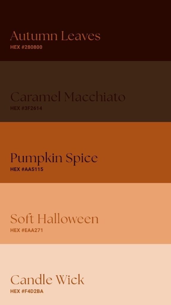 Autumn-themed color palette with hex codes: Autumn Leaves, Caramel Macchiato, Pumpkin Spice, Soft Halloween, Candle Wick.