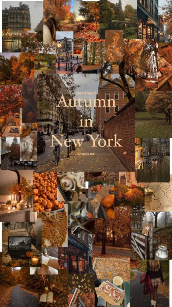 Collage of autumn scenes in New York City featuring pumpkins, foliage, cozy settings, and city streets.