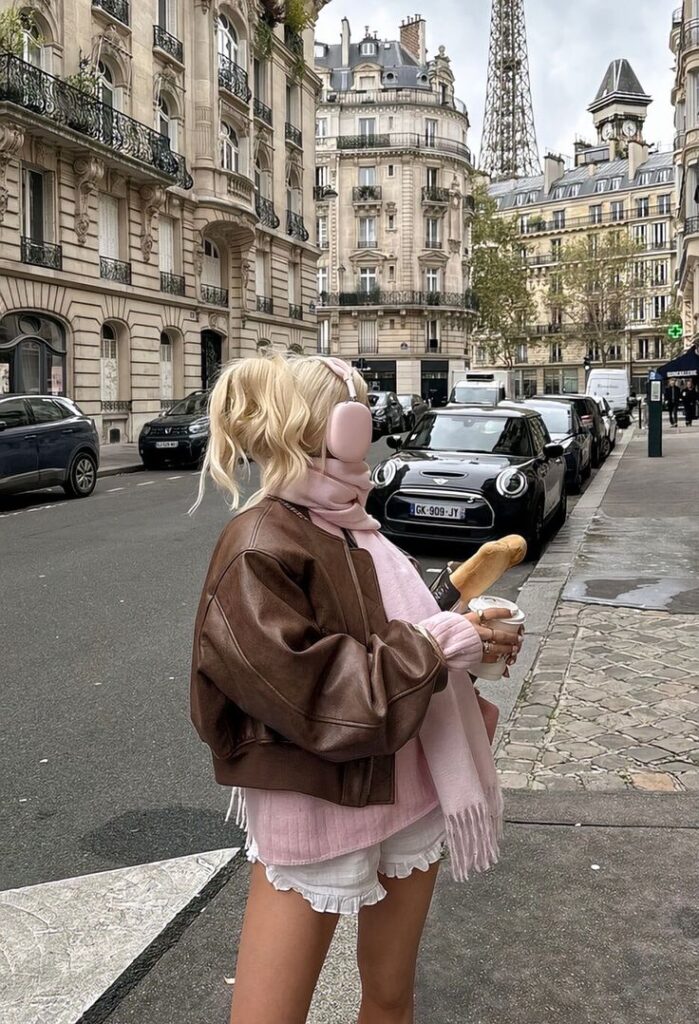 Stylish woman with pink headphones and baguette in Paris street, Eiffel Tower view, enjoying city life.