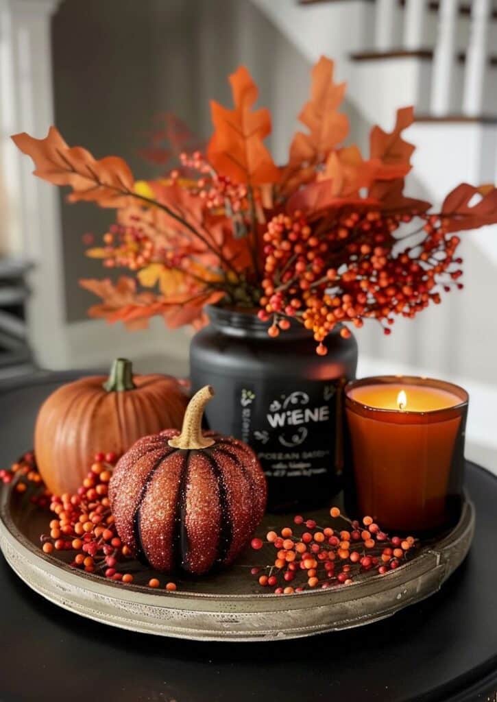 Fall-themed decor with pumpkins, autumn leaves, berries, a candle, and a black vase on a round tray for a cozy ambiance.