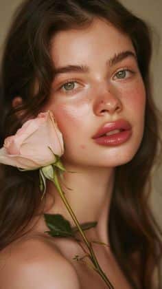 Woman with natural makeup holding a pink rose, highlighting her glowing skin and serene expression.
