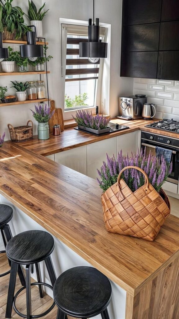 Modern kitchen with wooden countertops, lavender baskets, and plants, featuring sleek appliances and black bar stools.