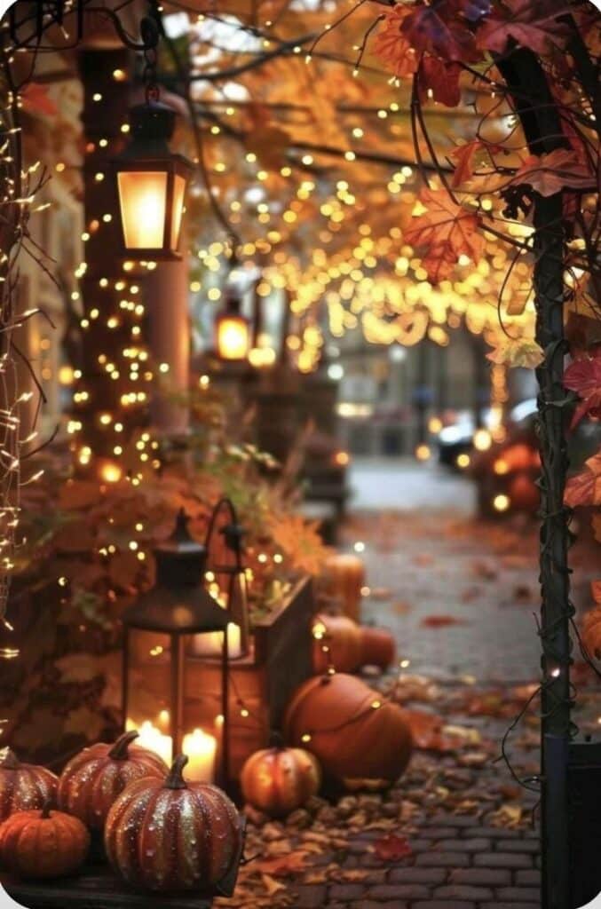 Enchanting autumn walkway with pumpkins, lanterns, and twinkling lights under a canopy of orange leaves. Perfect fall ambiance.