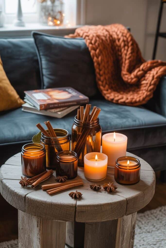 Cozy living room with candles and cinnamon sticks on a wooden table, orange blanket on blue sofa, creating a warm autumn vibe.
