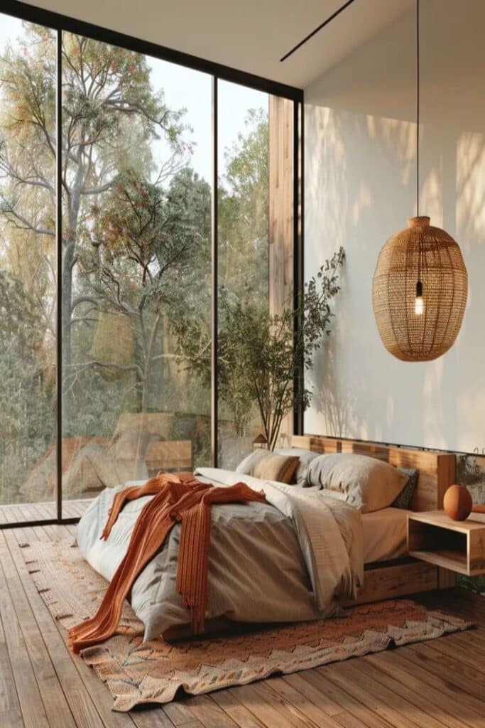 Modern bedroom with large windows, cozy bed, and warm decor. Overlooking a serene forest view for a tranquil retreat.