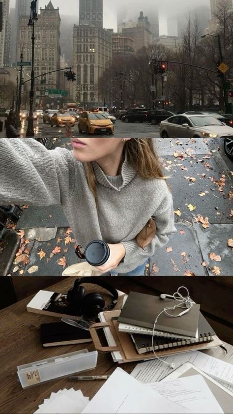 Foggy cityscape with taxis, person in cozy sweater with coffee, and a cluttered desk with notebooks and headphones; autumn vibes.